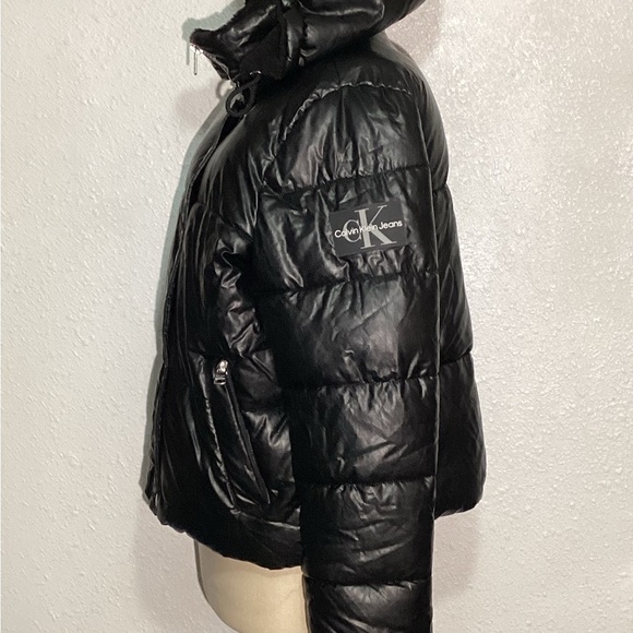 CALVIN KLEIN faux leather womens puffer black jacket size medium - Picture 6 of 14